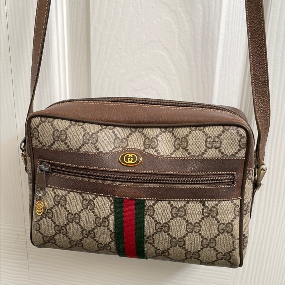 Gucci Brown and Tan Crossbody Bag with Monogram Pattern